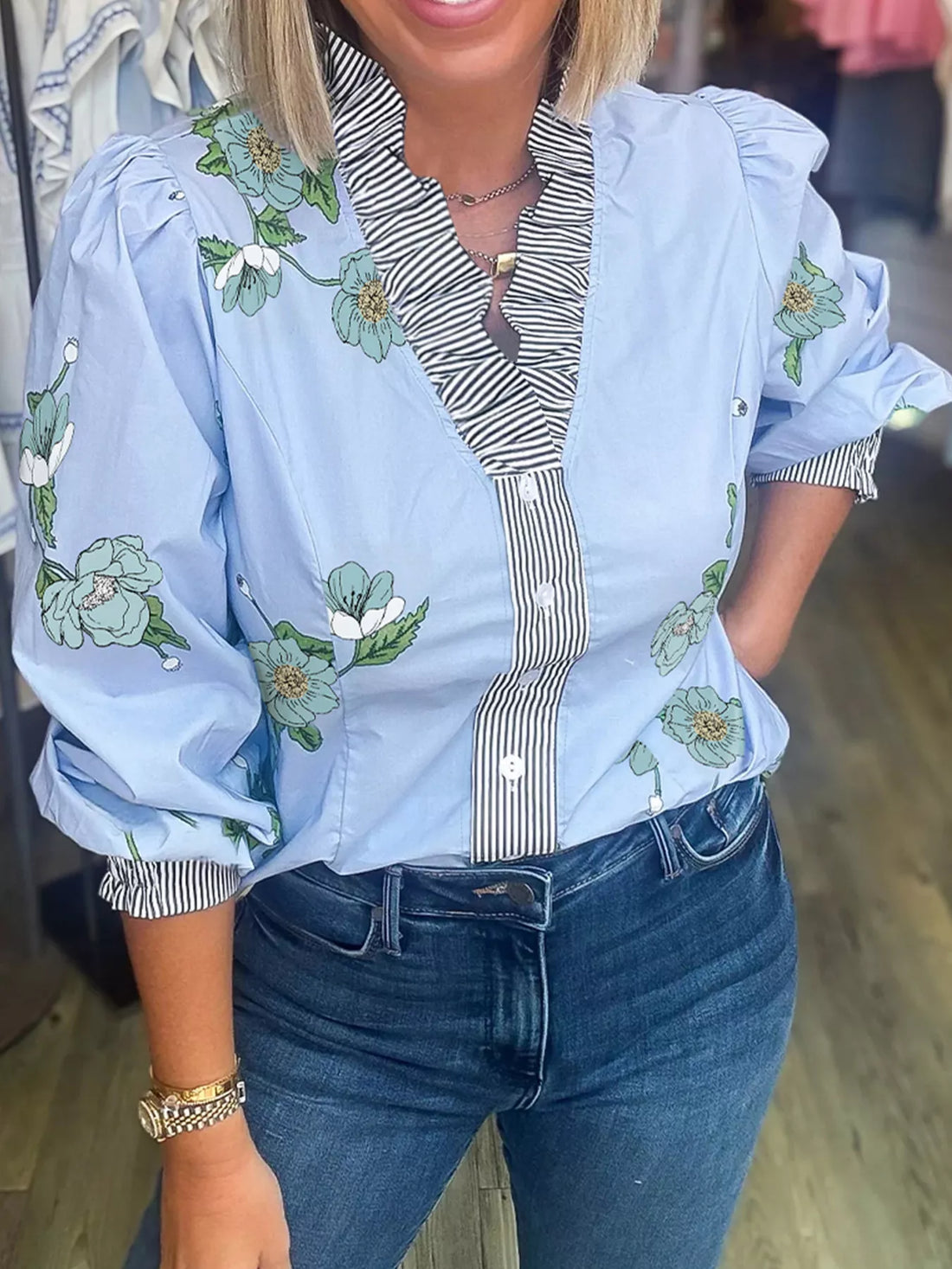 Floral Print Contrast Striped Trim Ruffled V Neck Fall Blouse - cas7m