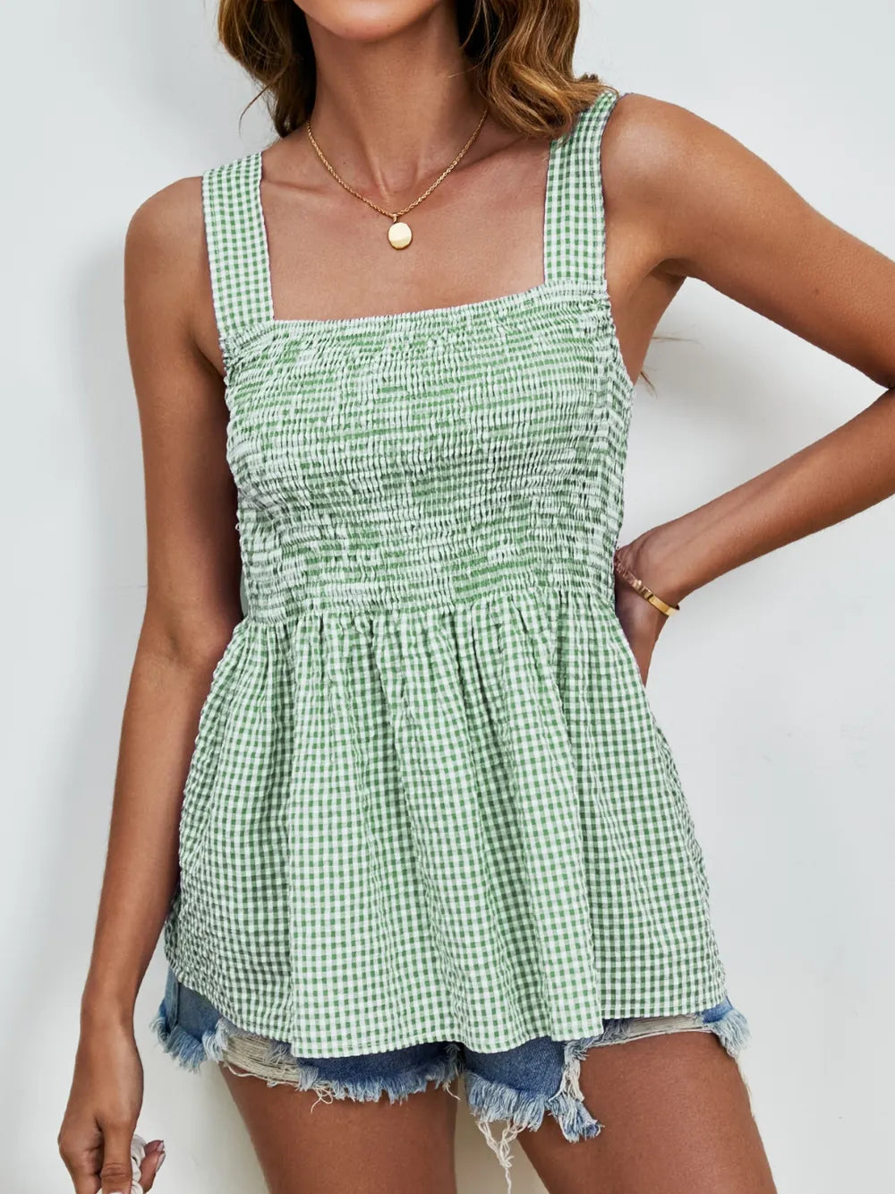 Smocked Plaid Square Neck Tank - cas7m