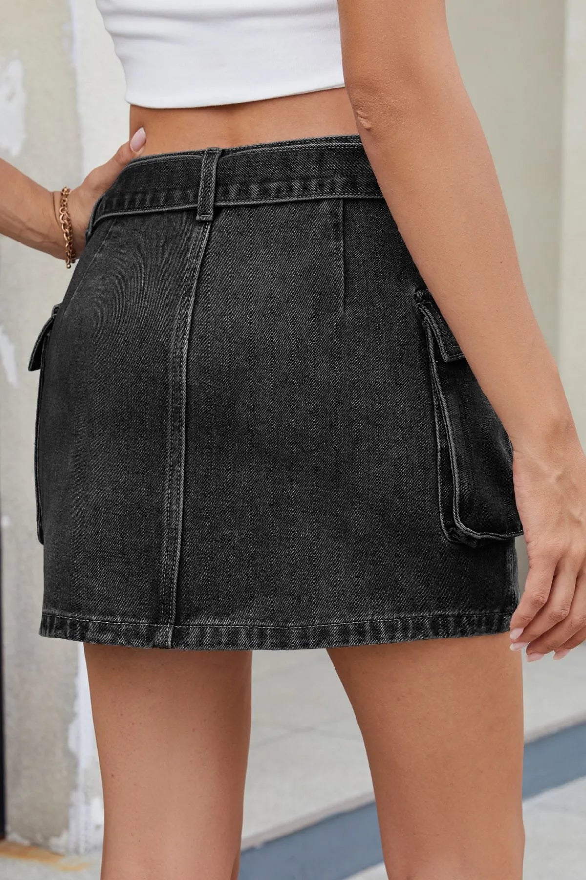 Criss-Cross Waist Detail Denim Mini Skirt - cas7m