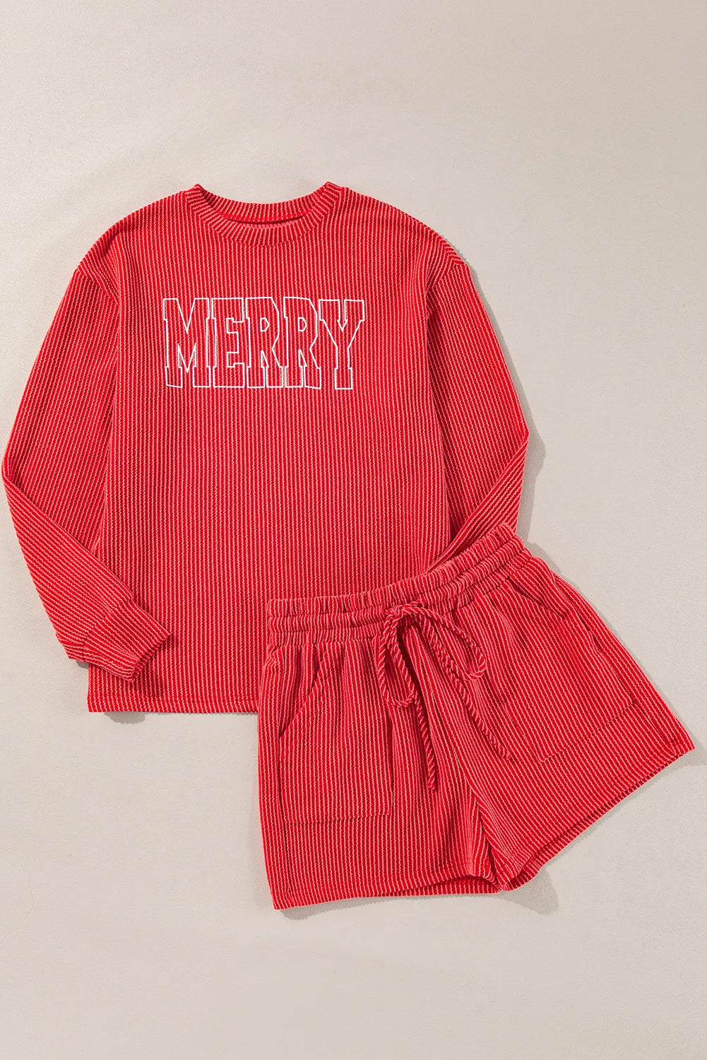 MERRY Round Neck Long Sleeve Top and Shorts Lounge Set - cas7m