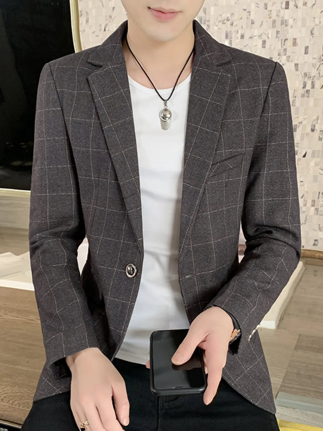 Men's Plus Size Slim Fit Plaid Pattern Blazer - cas7m