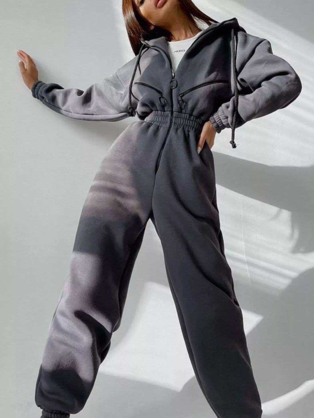 Hooded Zip-Up Long Sleeve Jumpsuit - cas7m