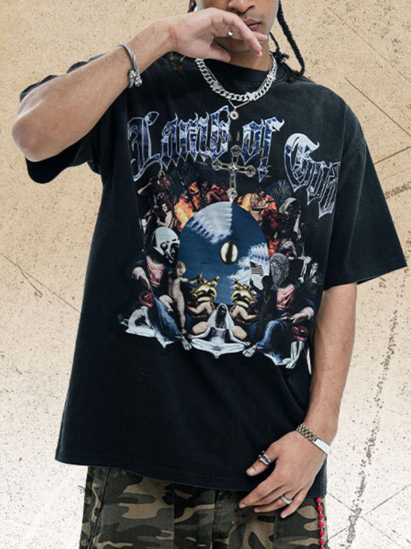 Men's Vintage Graphic Round Neck Oversized T-Shirt - cas7m