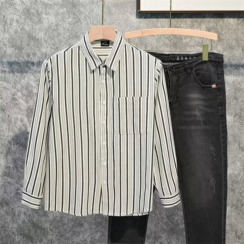 Men's Plus Size Striped Long Sleeve Button-Down Shirt - cas7m