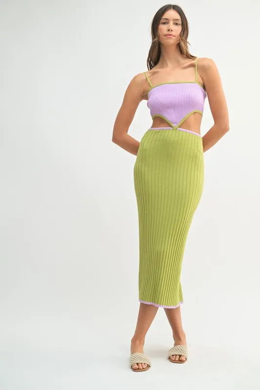 MABLE Ribbed Knit Color Block Cutout Midi Dress - cas7m