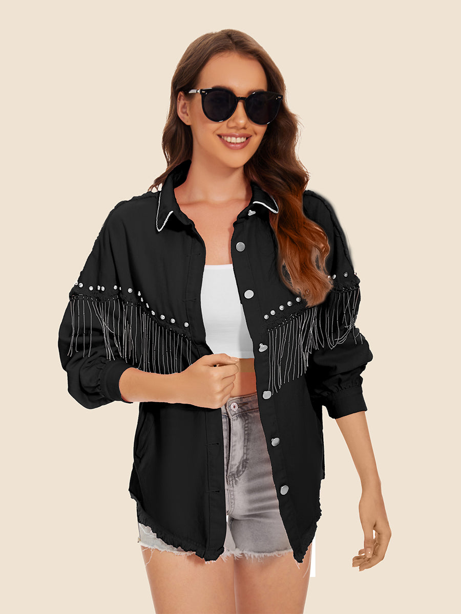 Raw Hem Fringe Detail Denim Jacket - cas7m