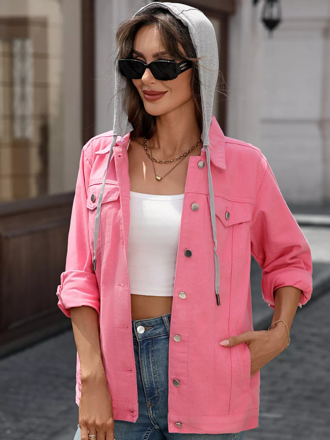 Button Up Long Sleeve Denim Jacket - cas7m