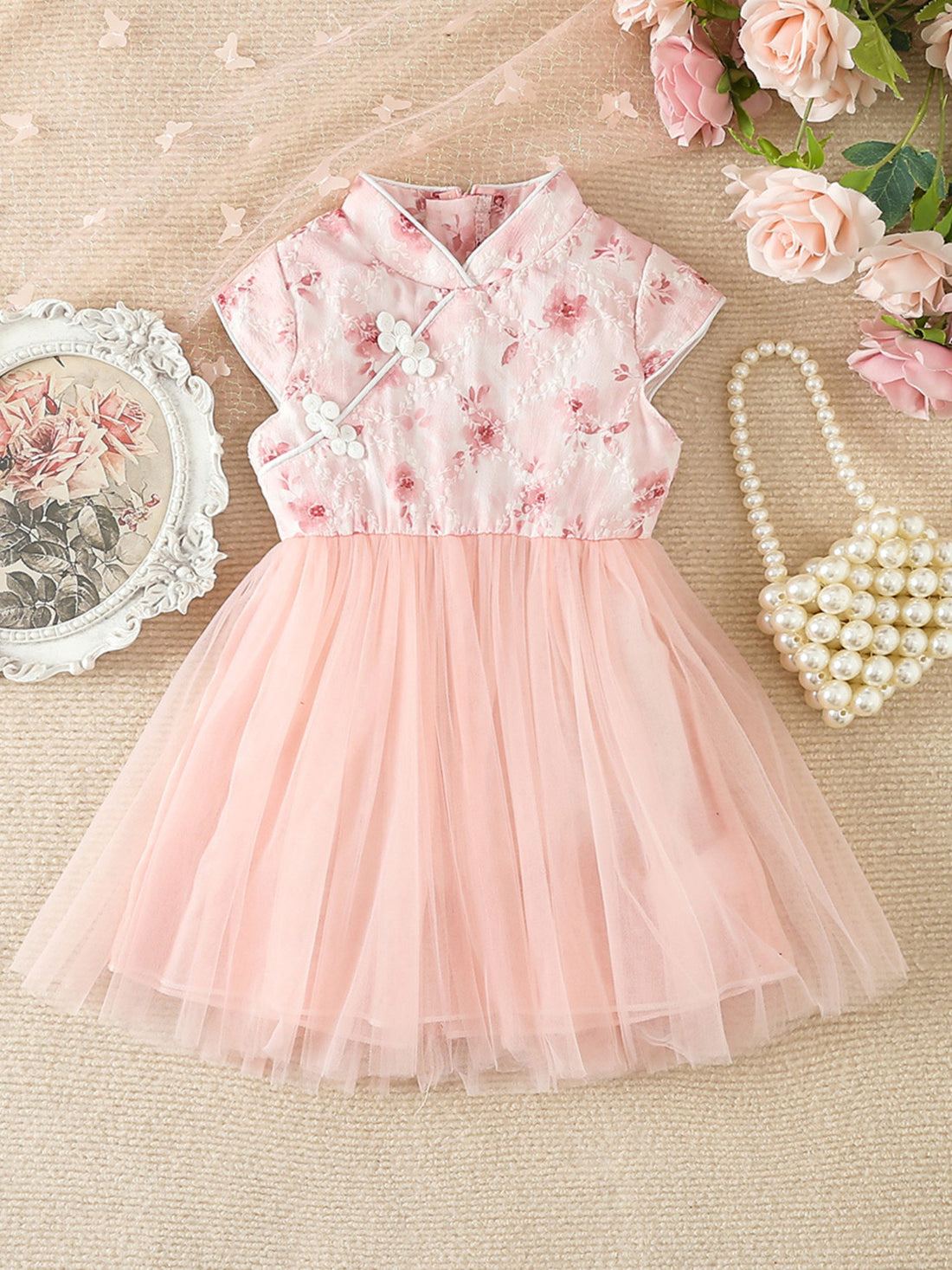 Children's Floral Cap Sleeve Tulle Dress - cas7m