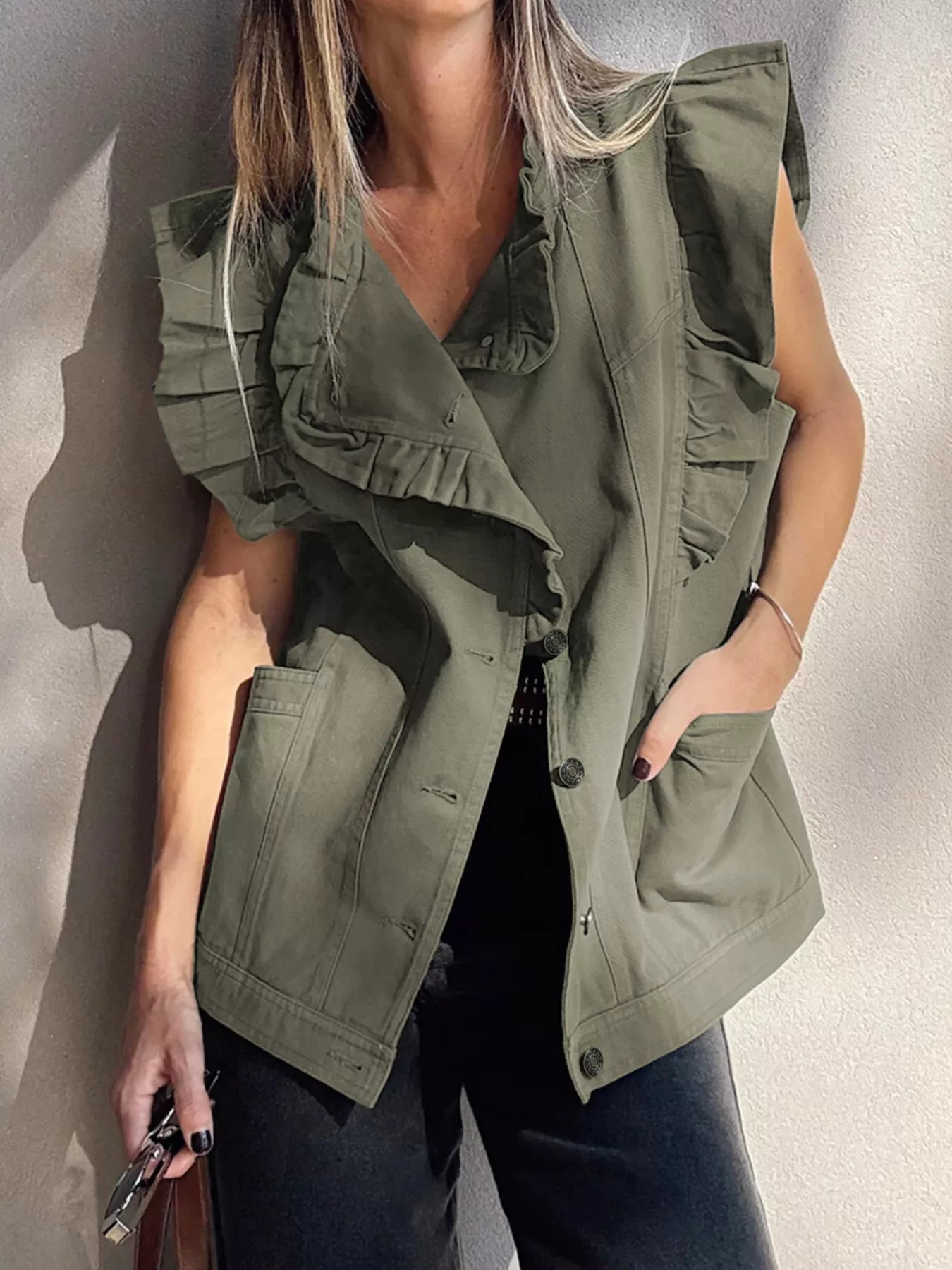 Ruffled Patchwork Denim Jacket Vest - cas7m