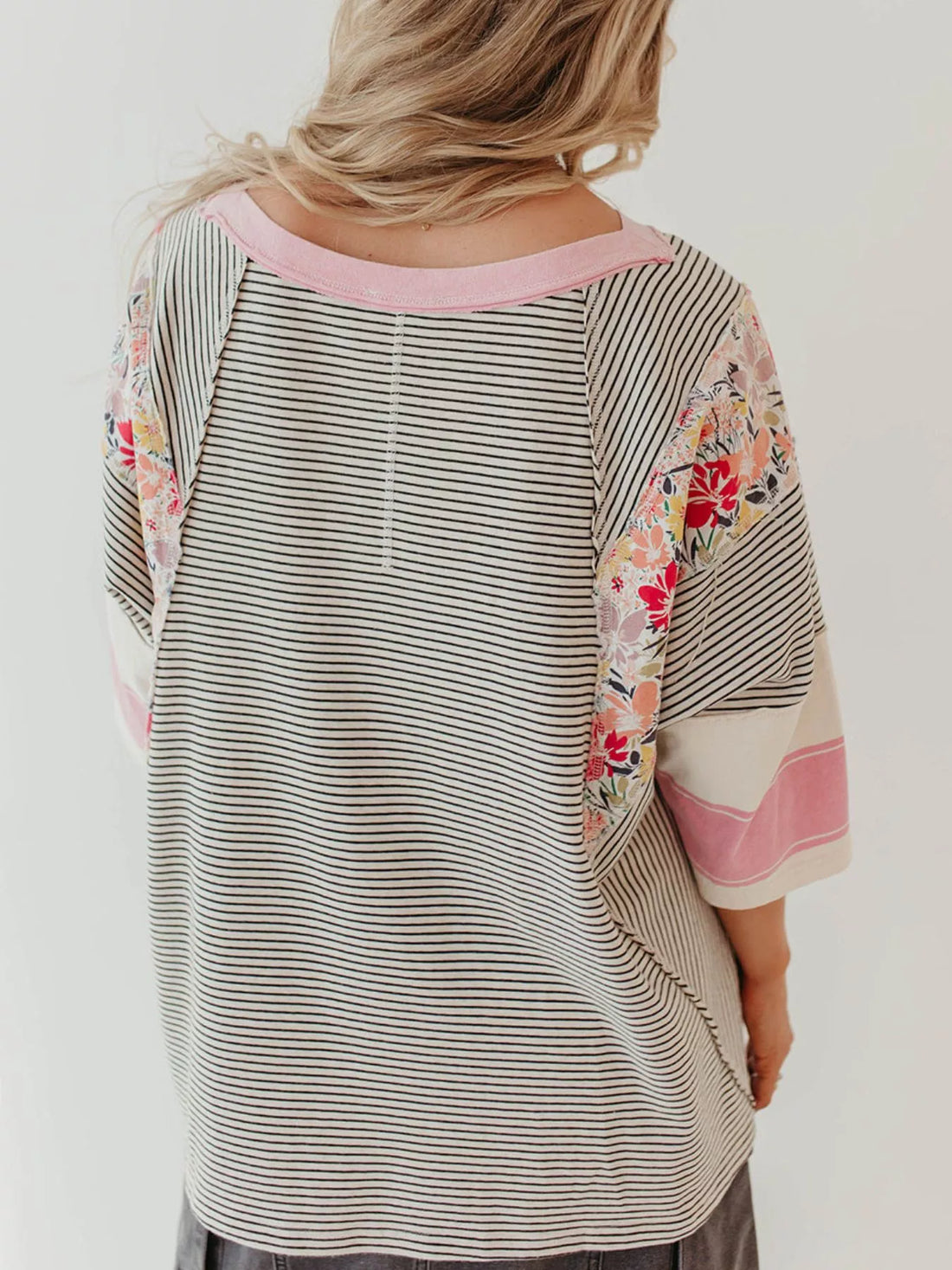 Striped Floral Long Sleeve T-Shirt - cas7m