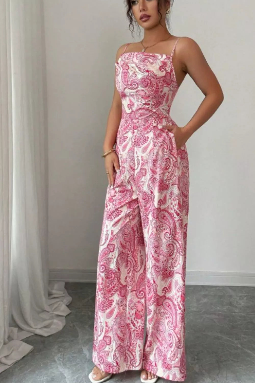 Paisley Print Wide Leg Jumpsuit - cas7m