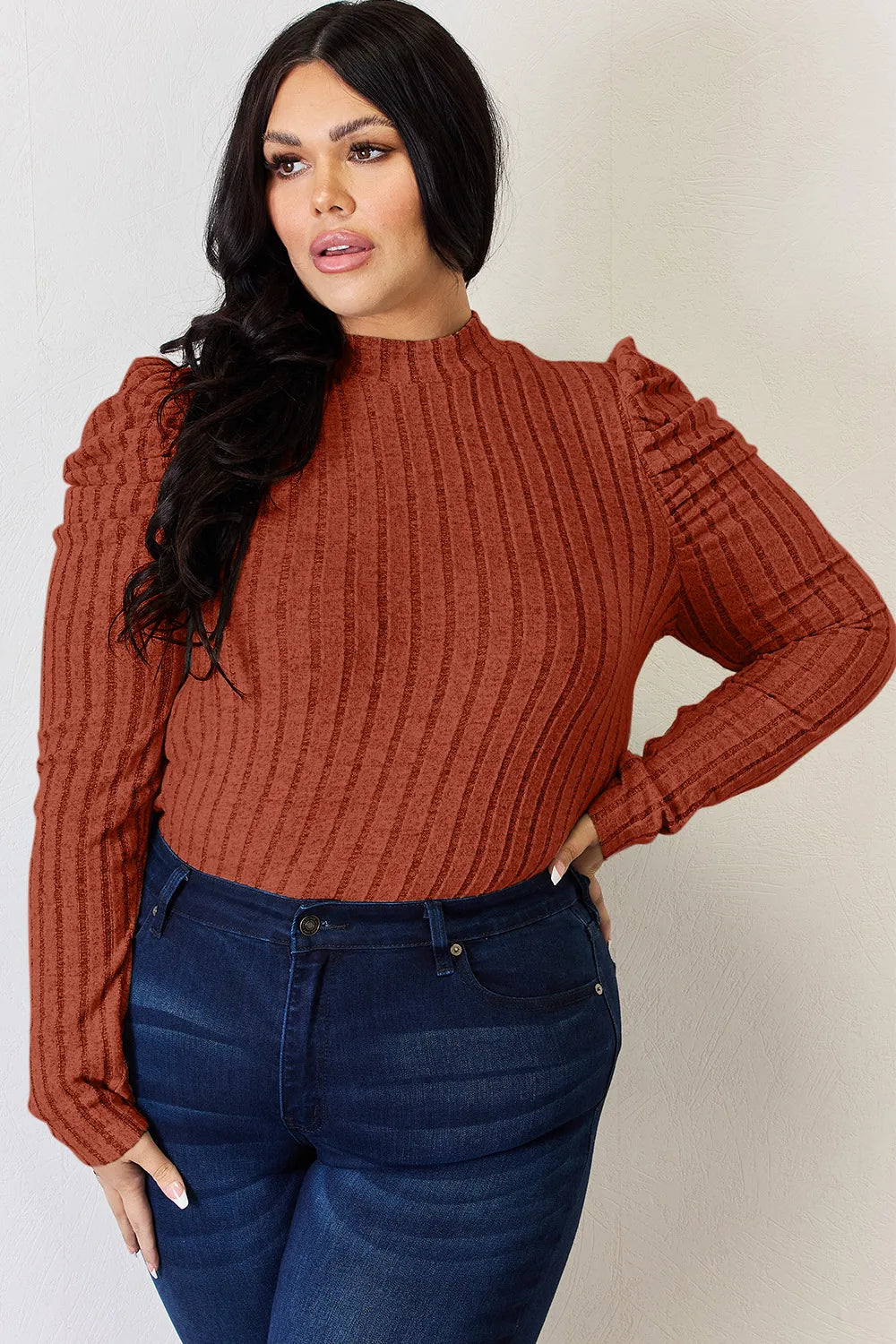 Basic Bae Full Size Ribbed Mock Neck Puff Sleeve T-Shirt - cas7m