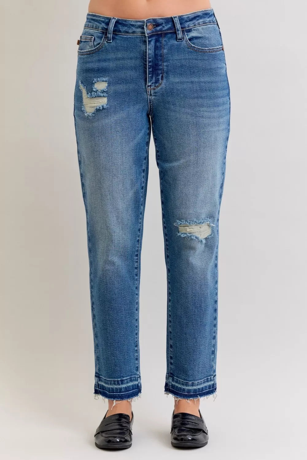 Judy Blue Full Size Mid Rise Bf Patch & Repair Destroy Release Hem Jeans Plus Size - cas7m