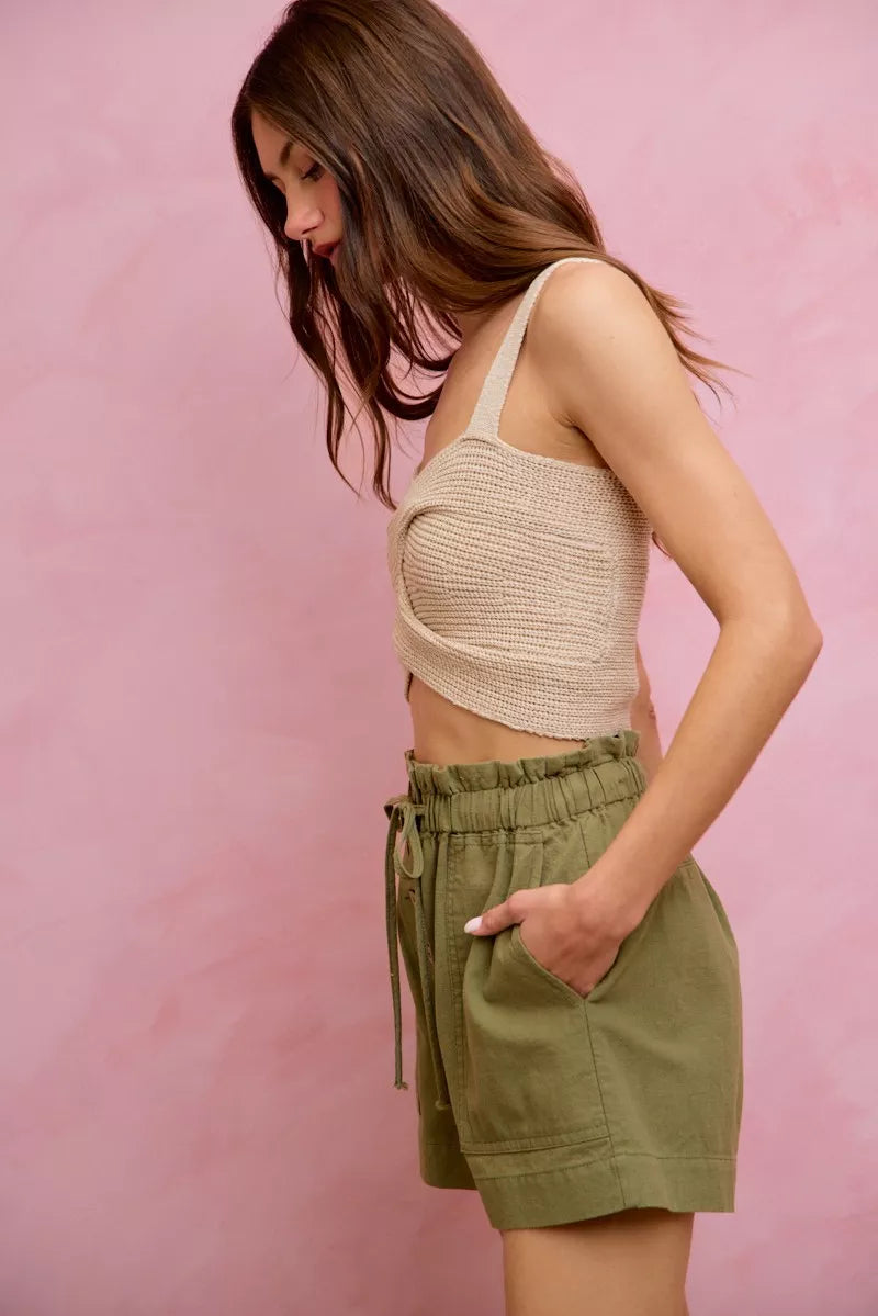 SO ME Paper Bag Patch Pocket Drawstring Twill Shorts - cas7m