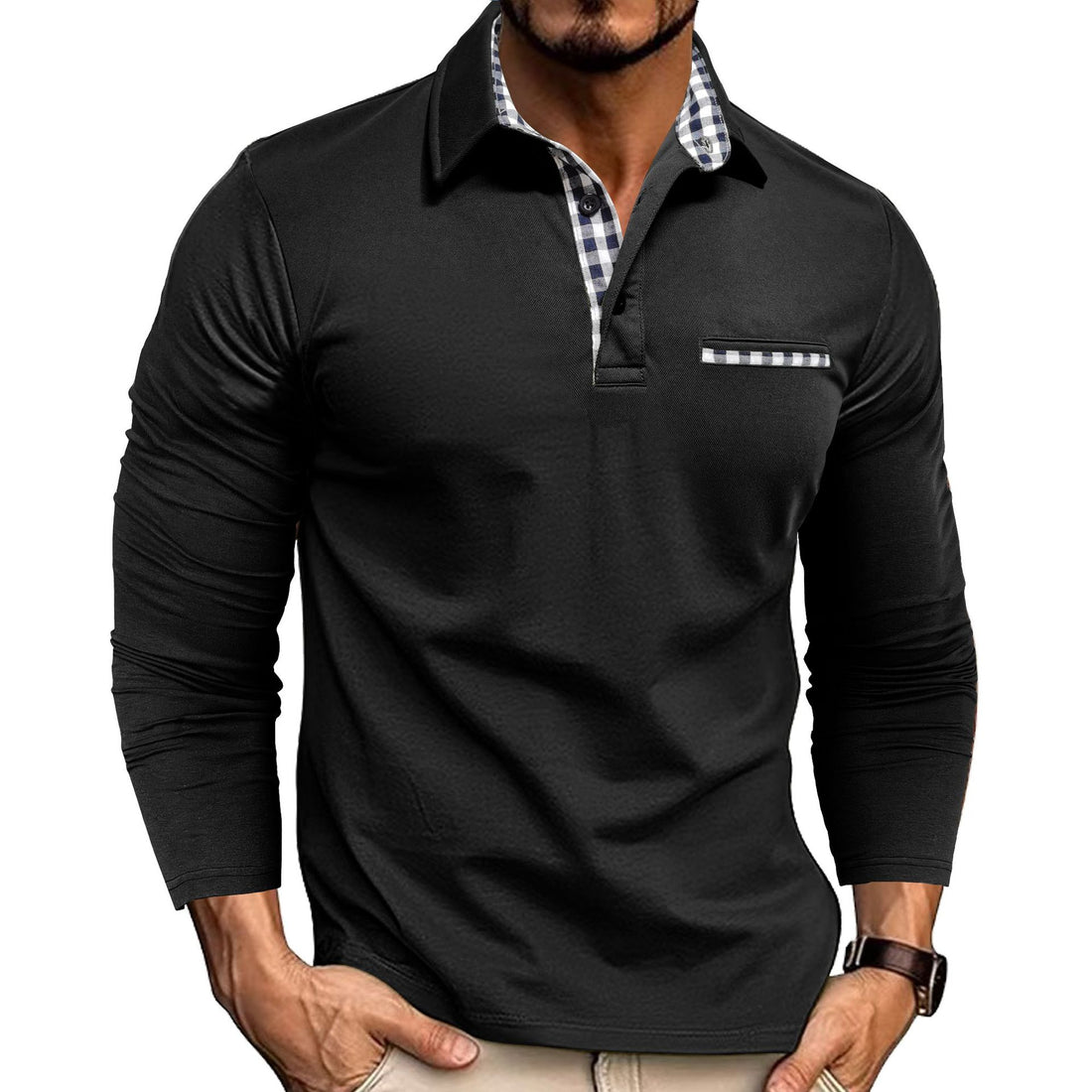 Casual Plaid Splicing Lapel Polo Shirt Fashion Solid Color Long Sleeve Top Men's Clothing - cas7m
