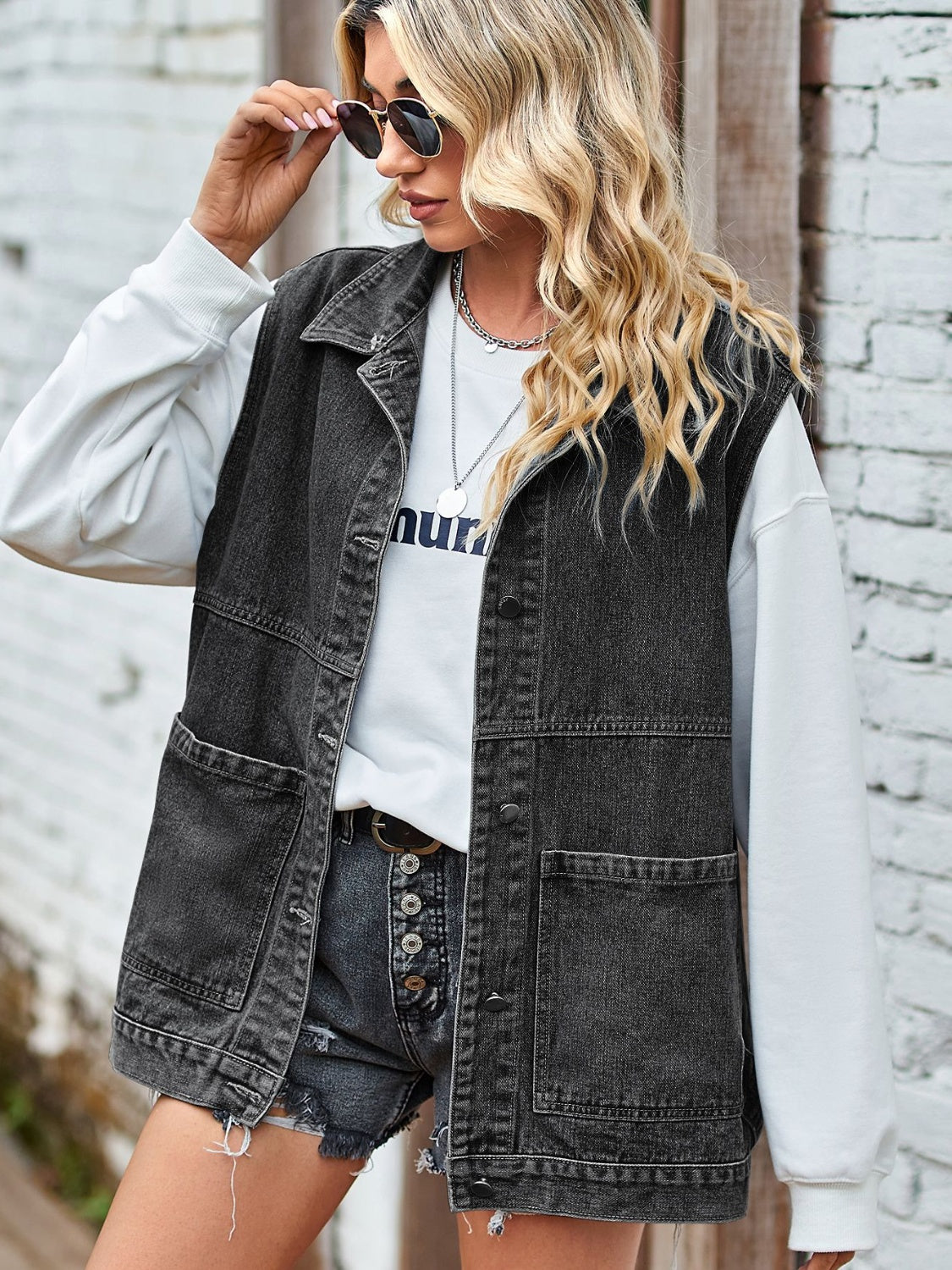 Button Front Sleeveless Denim Jacket - cas7m