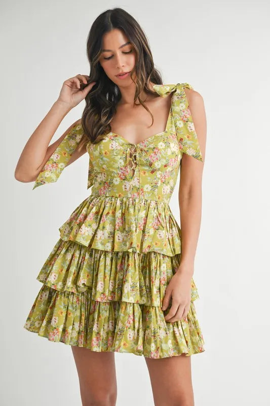 MABLE Floral Print Shoulder Tie Layered Mini Dress - cas7m