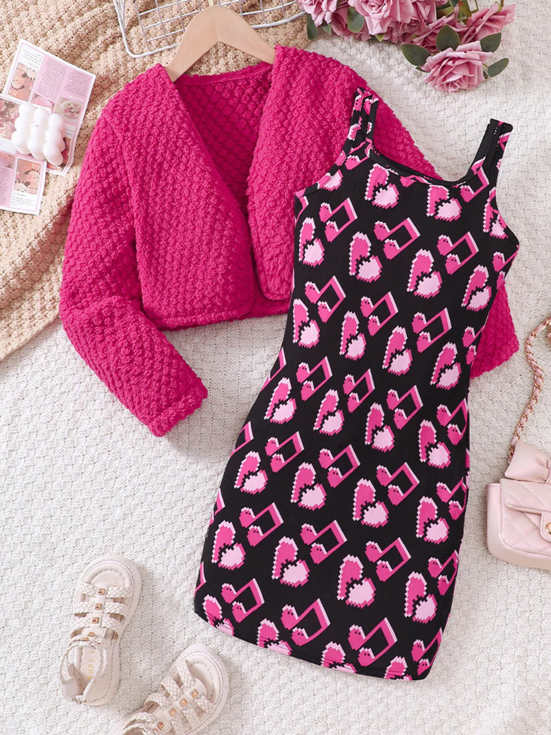 Children's Printed Dress and Cardigan Set - cas7m