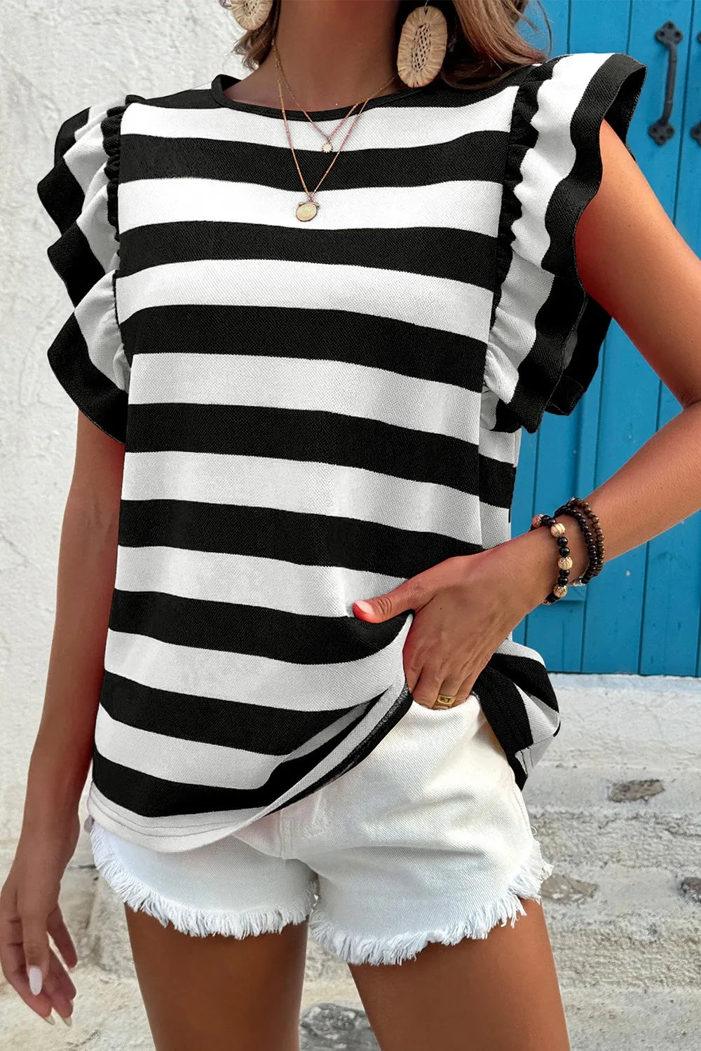Ruffle Sleeve Striped T-Shirt - cas7m