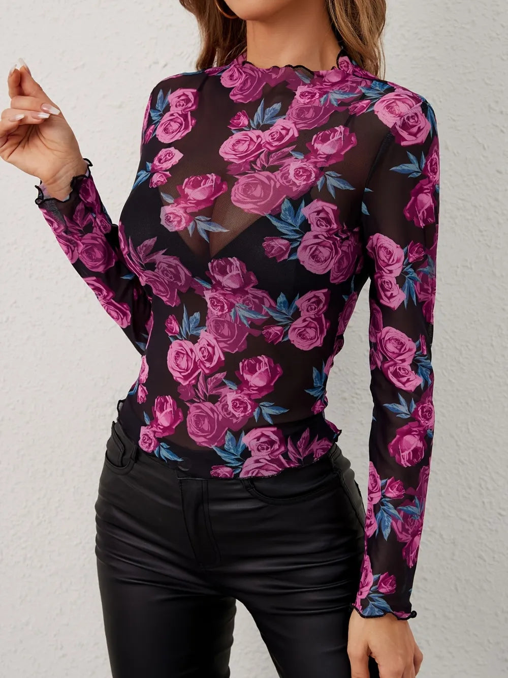 Floral Mock Neck Long Sleeve Top - cas7m