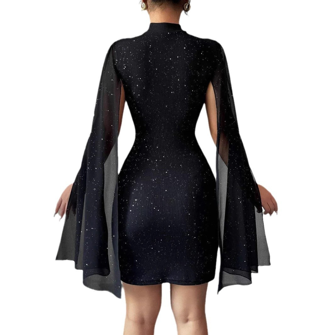 Women's Sexy Elegant Evening Party Dresses Round Neck Pit Stripe Pearl Chiffon Cape Sleeve Wrapped Hip Dress - cas7m