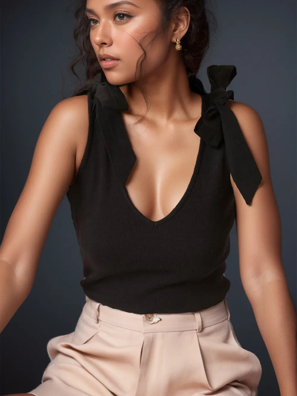 V-Neck Tie Shoulder Tank - cas7m
