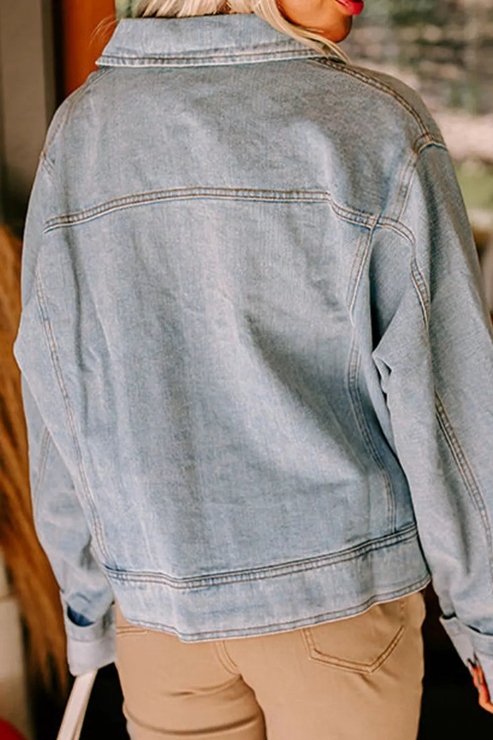 Zip Up Drop Shoulder Denim Jacket - cas7m