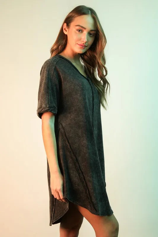 VERY J Mineral Washed Ribbed Knit Mini Dress - cas7m