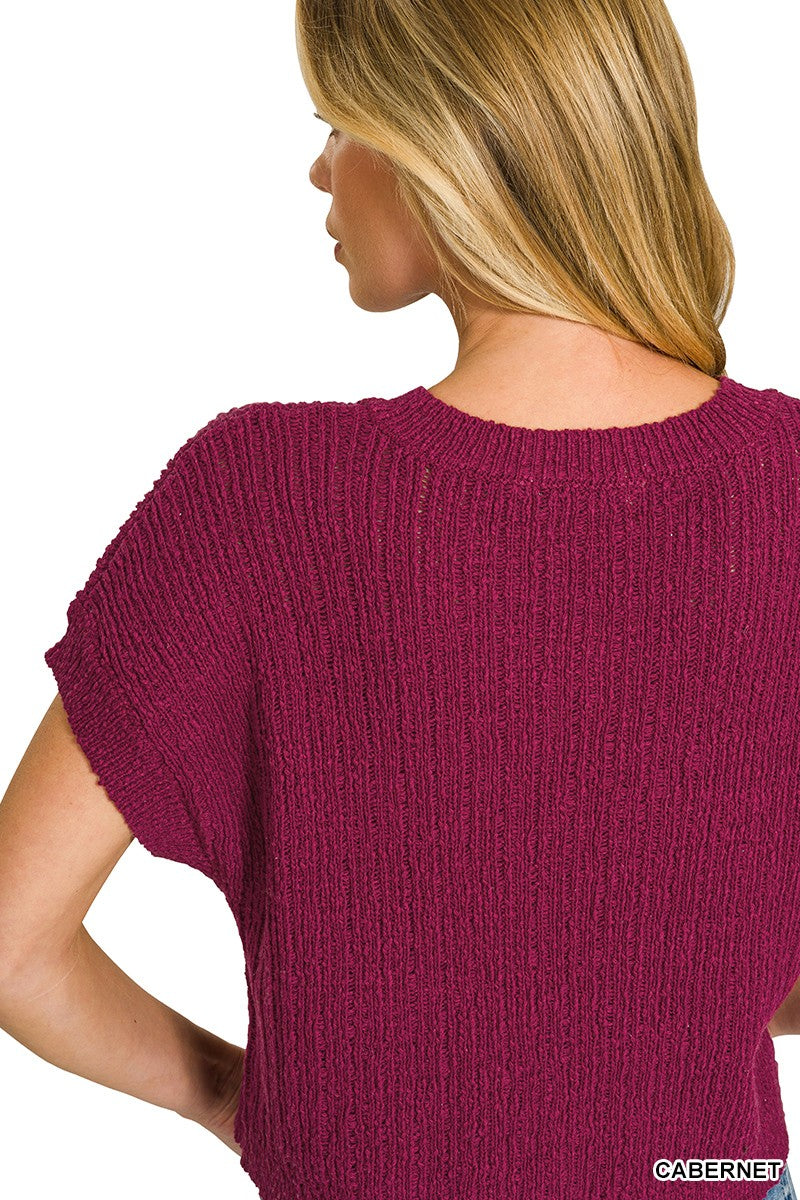 Zenana Textured Knit V-Neck Cropped Sweater - cas7m