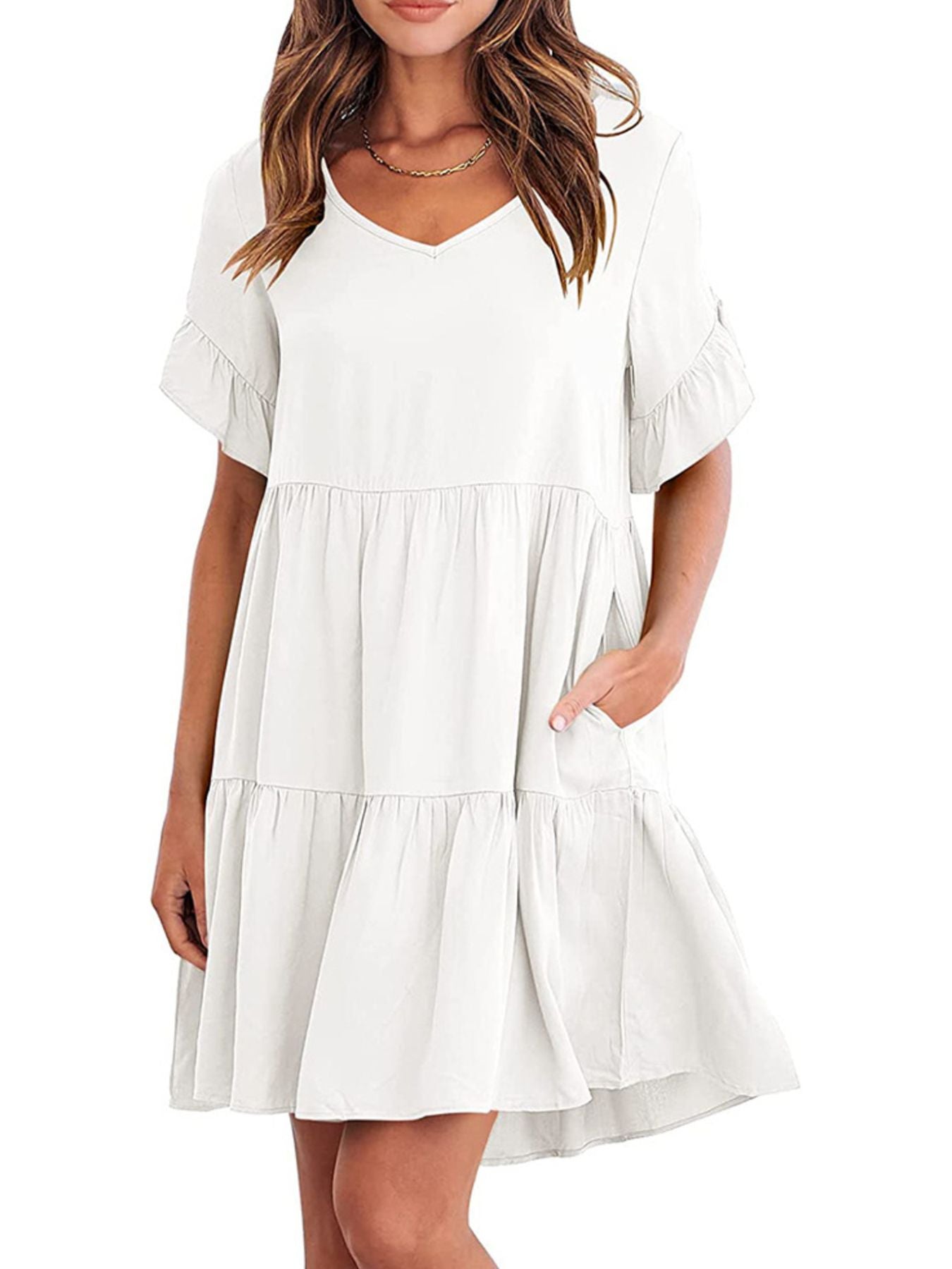 Ruffled Sleeve Tiered Mini Dress - cas7m