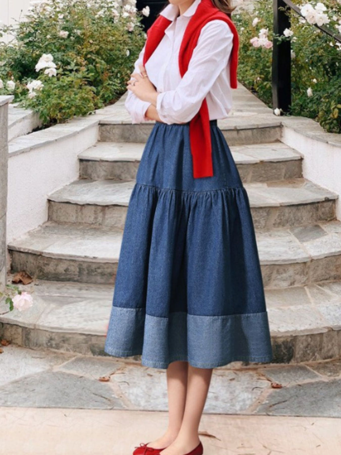 Tiered Denim Midi Skirt - cas7m