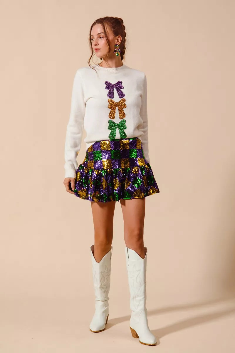 SO ME Mardi Gras Checker Sequins Mini Skirt - cas7m