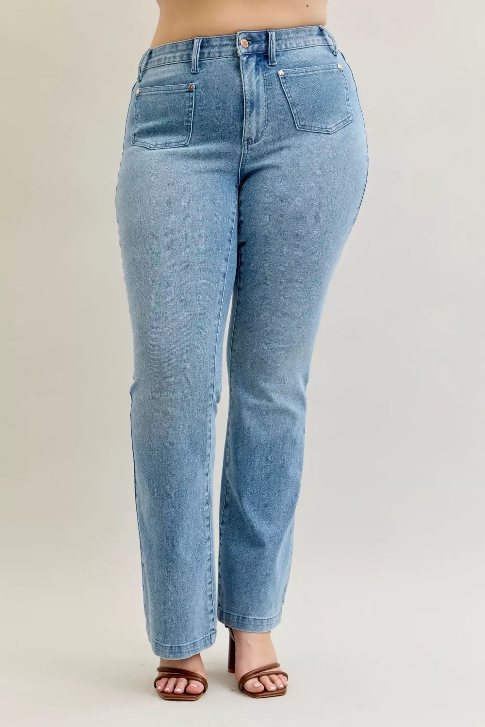Judy Blue Full Size Mid Rise Bootcut Jeans with Contrast Wash & Front Patch Pockets Plus Size - cas7m
