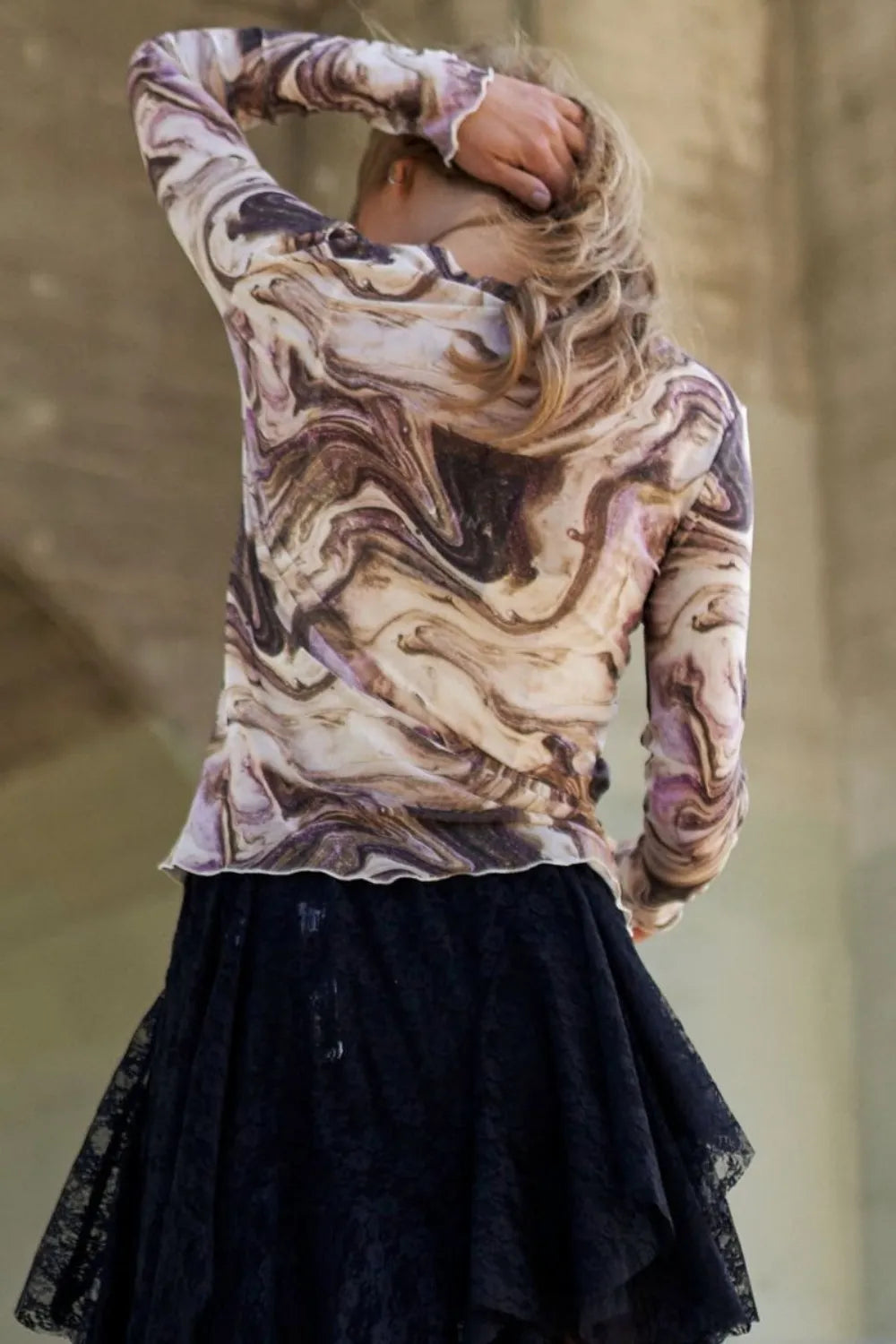 J.NNA Marble Design Long Sleeve Mesh Top - cas7m