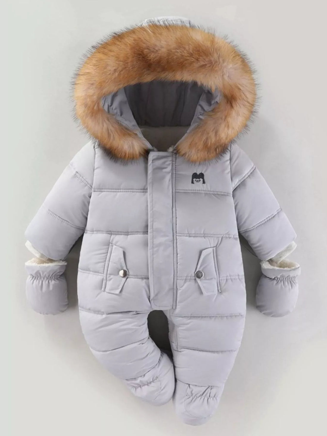Children's Warm Padded One-Piece Snowsuit with Fur Hood - cas7m