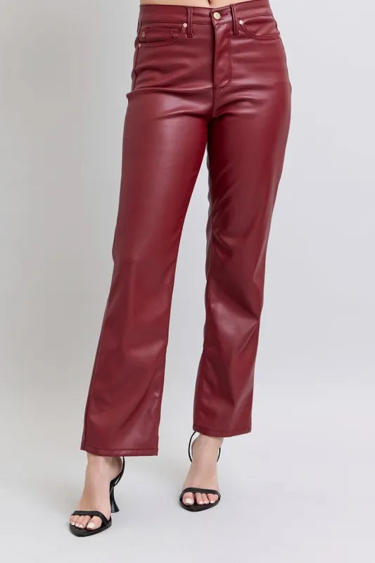 Judy Blue Full Size High Waist Tummy Control Faux Leather Straight Pants Plus Size - cas7m