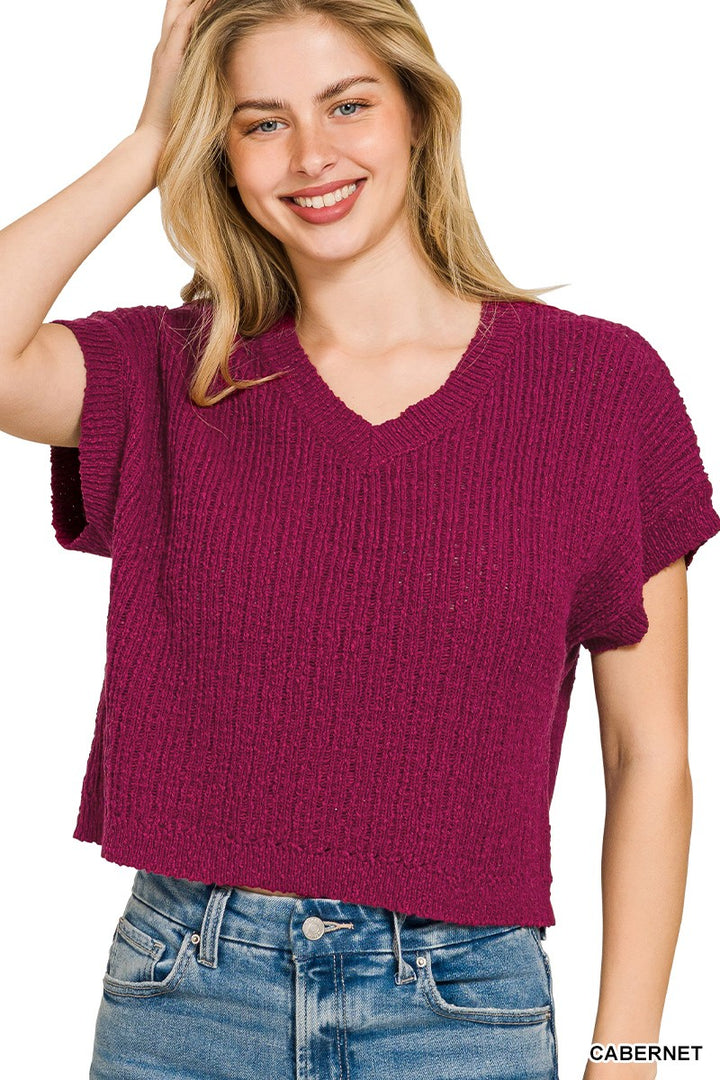 Zenana Textured Knit V-Neck Cropped Sweater - cas7m