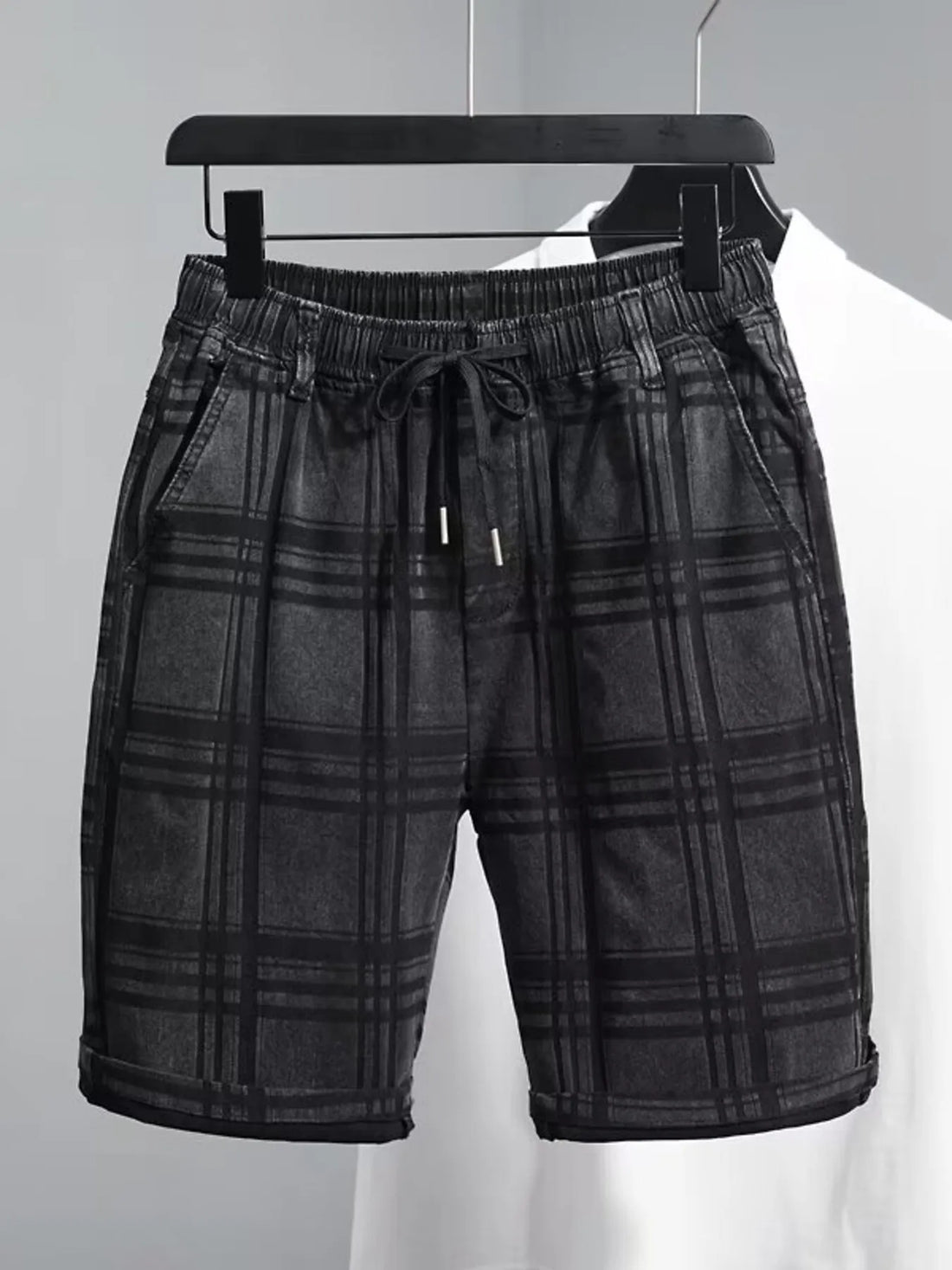 Men's Plus Size Plaid Pattern Elastic Waist Denim Shorts - cas7m