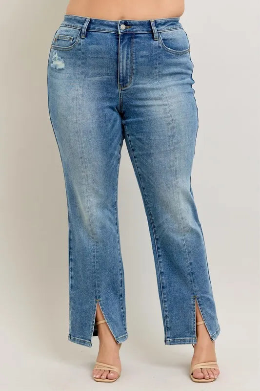 Judy Blue Full Size High Waist Vintage Wash Front Seam & Slit Straight Plus Size - cas7m