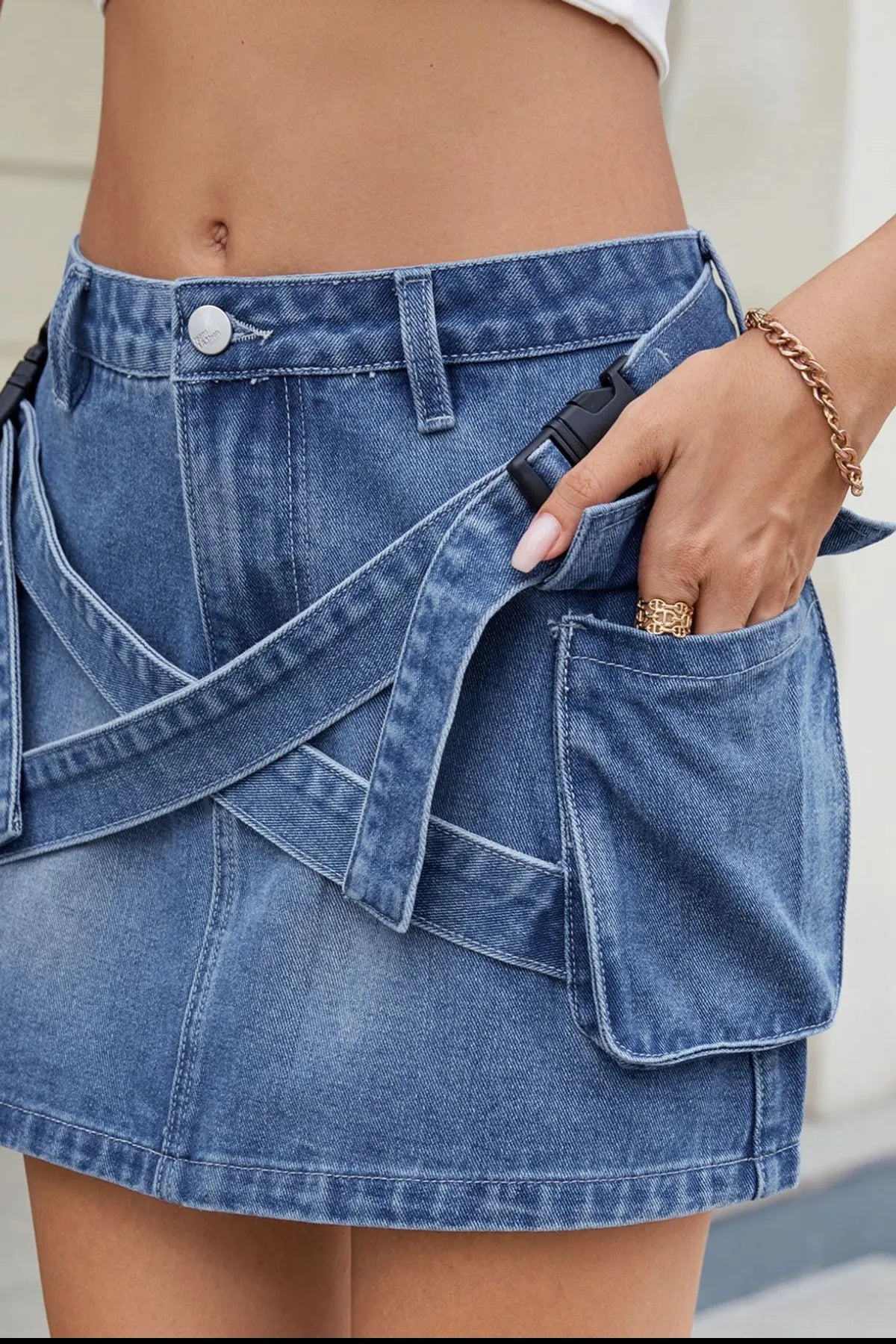 Criss-Cross Waist Detail Denim Mini Skirt - cas7m
