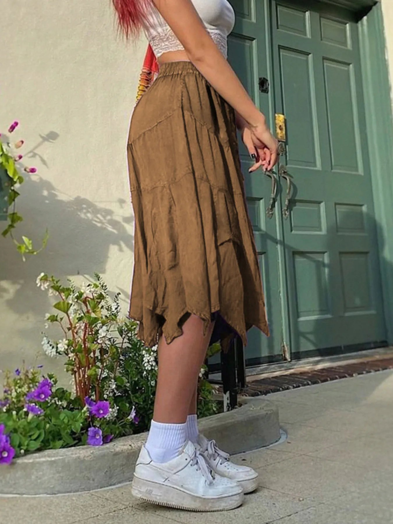 Asymmetrical Hem Midi Skirt with Drawstring Waist - cas7m