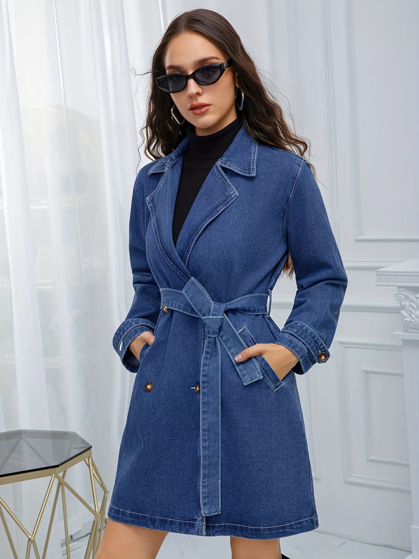 Belted Double-Breasted Denim Jacket - cas7m