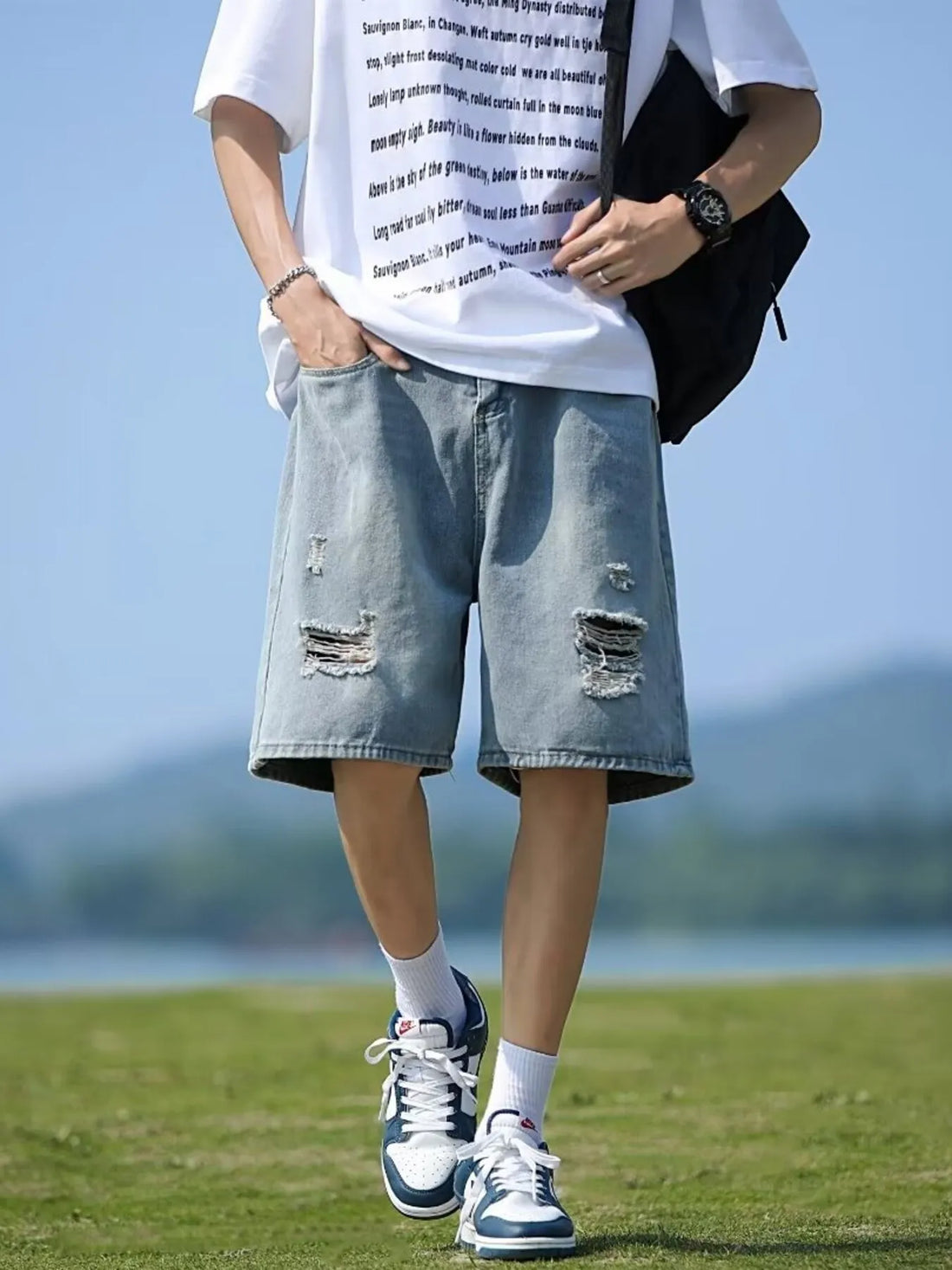 Men's Full Size Casual Loose Fit Ripped Denim Shorts Plus Size - cas7m