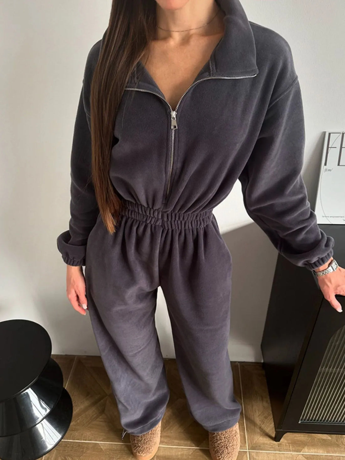 Zip Front Long Sleeve Jumpsuit - cas7m