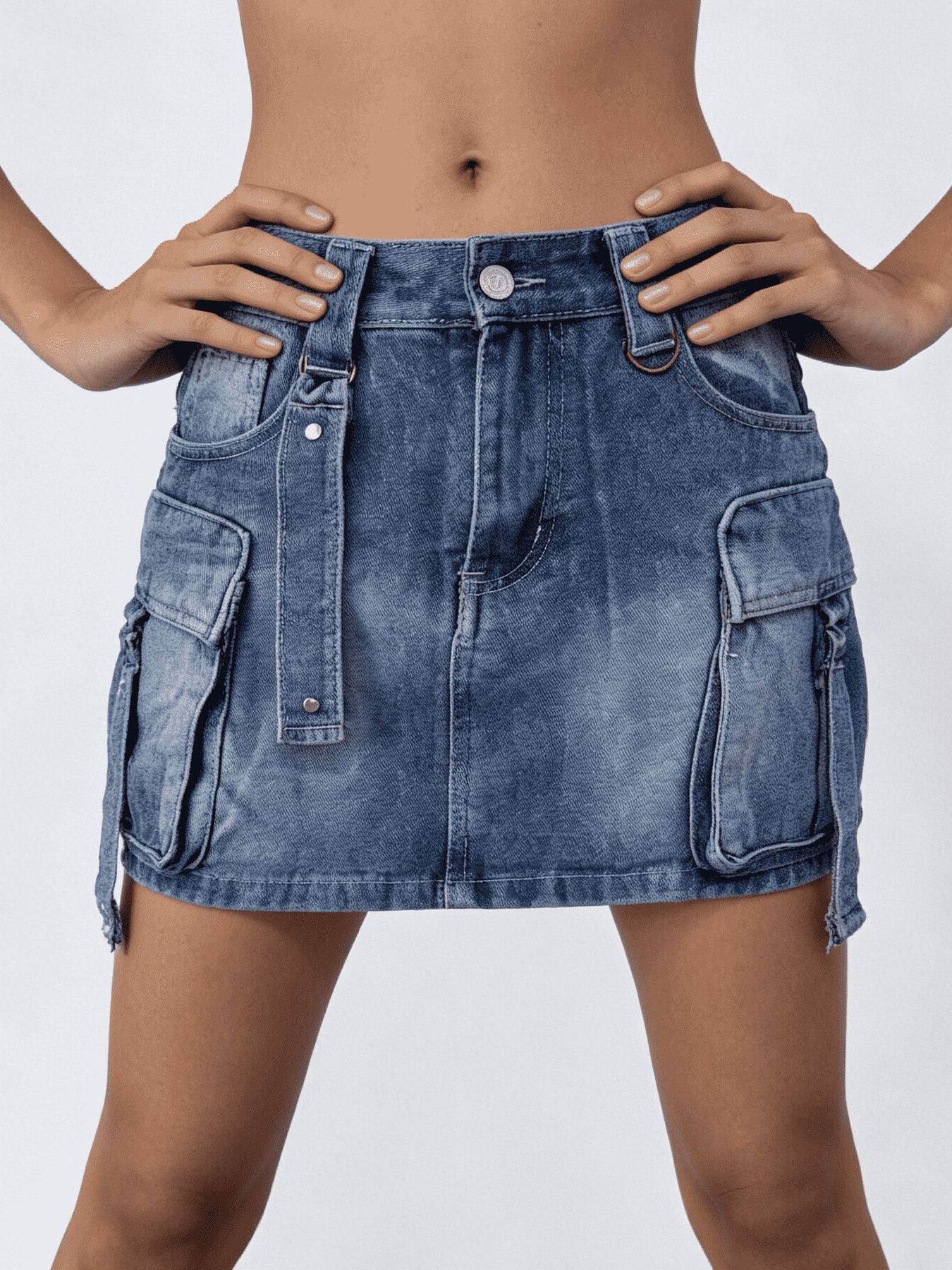 Washed Cargo Denim Skirt - cas7m