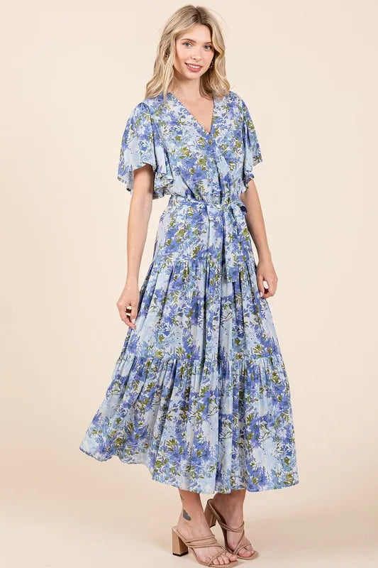 Mittoshop Floral Tie Waist Flutter Sleeve Tiered Dress - cas7m