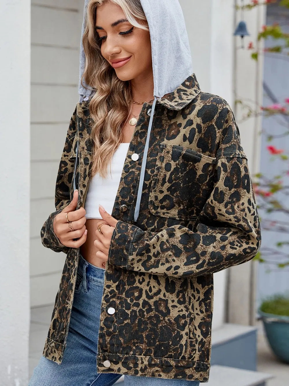 Pocketed Leopard Long Sleeve Denim Jacket - cas7m