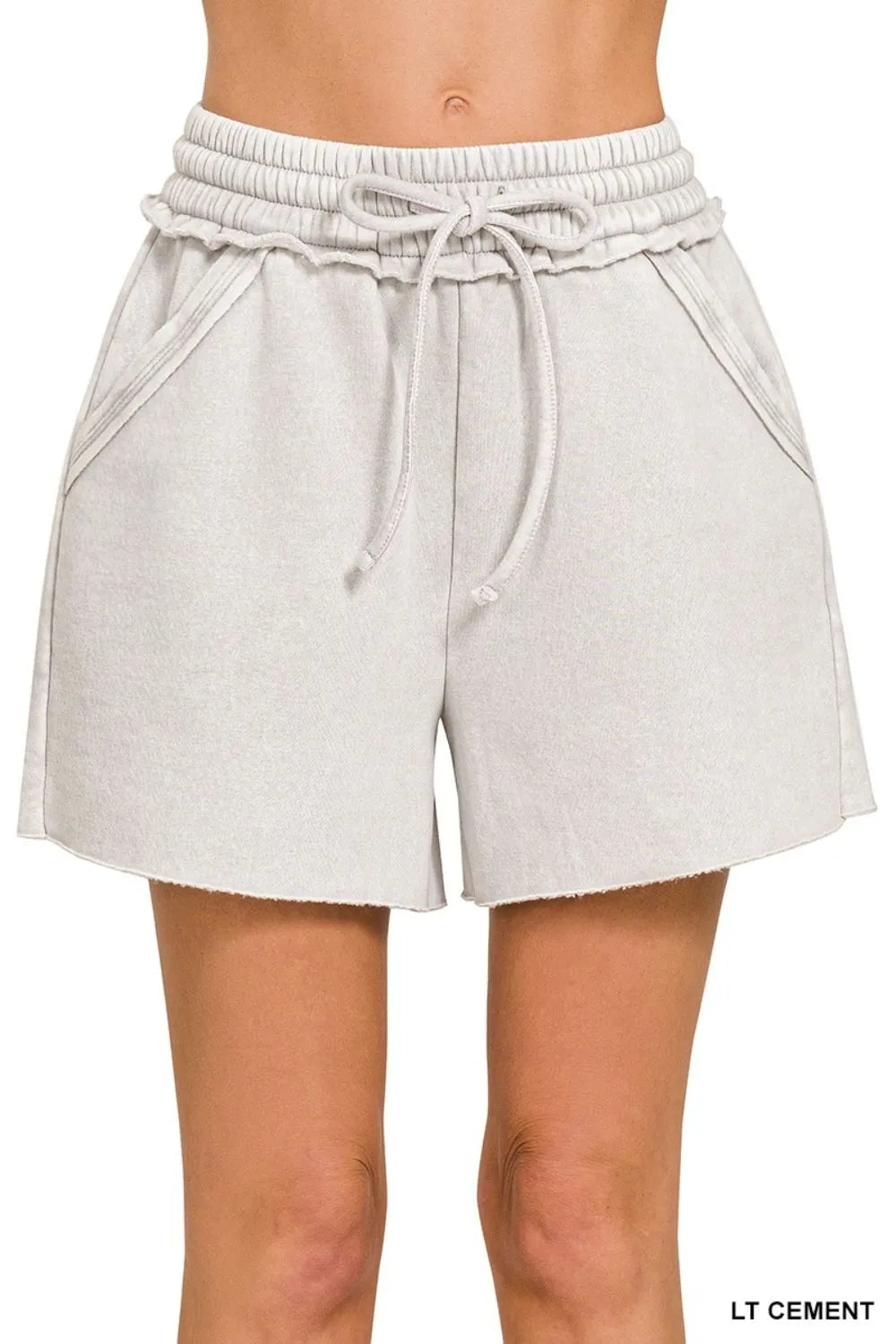 Zenana Acid Wash Fleece Drawstring Shorts With Pockets - cas7m
