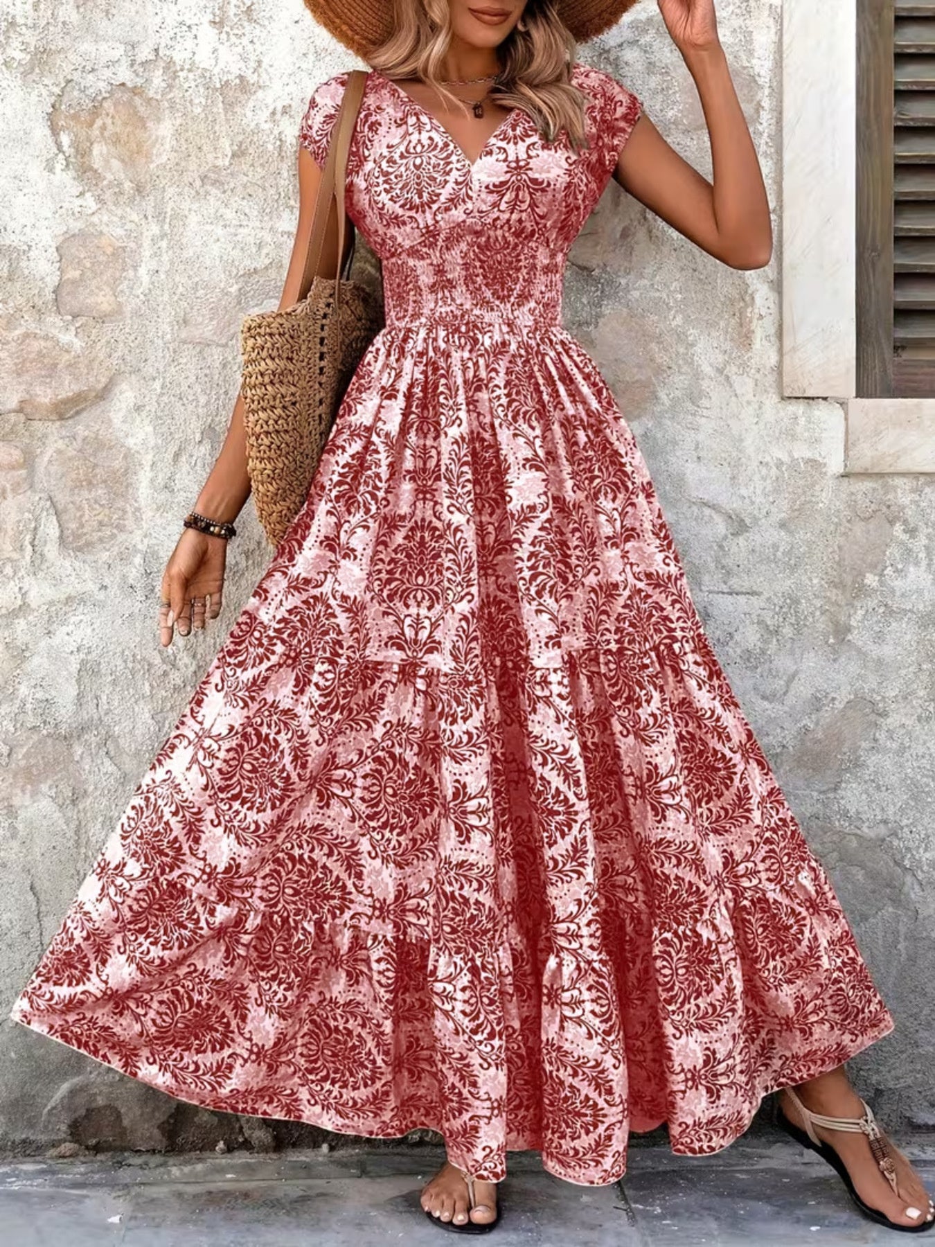 Smocked Tiered Maxi Dress - Chic Polyester Statement - cas7m