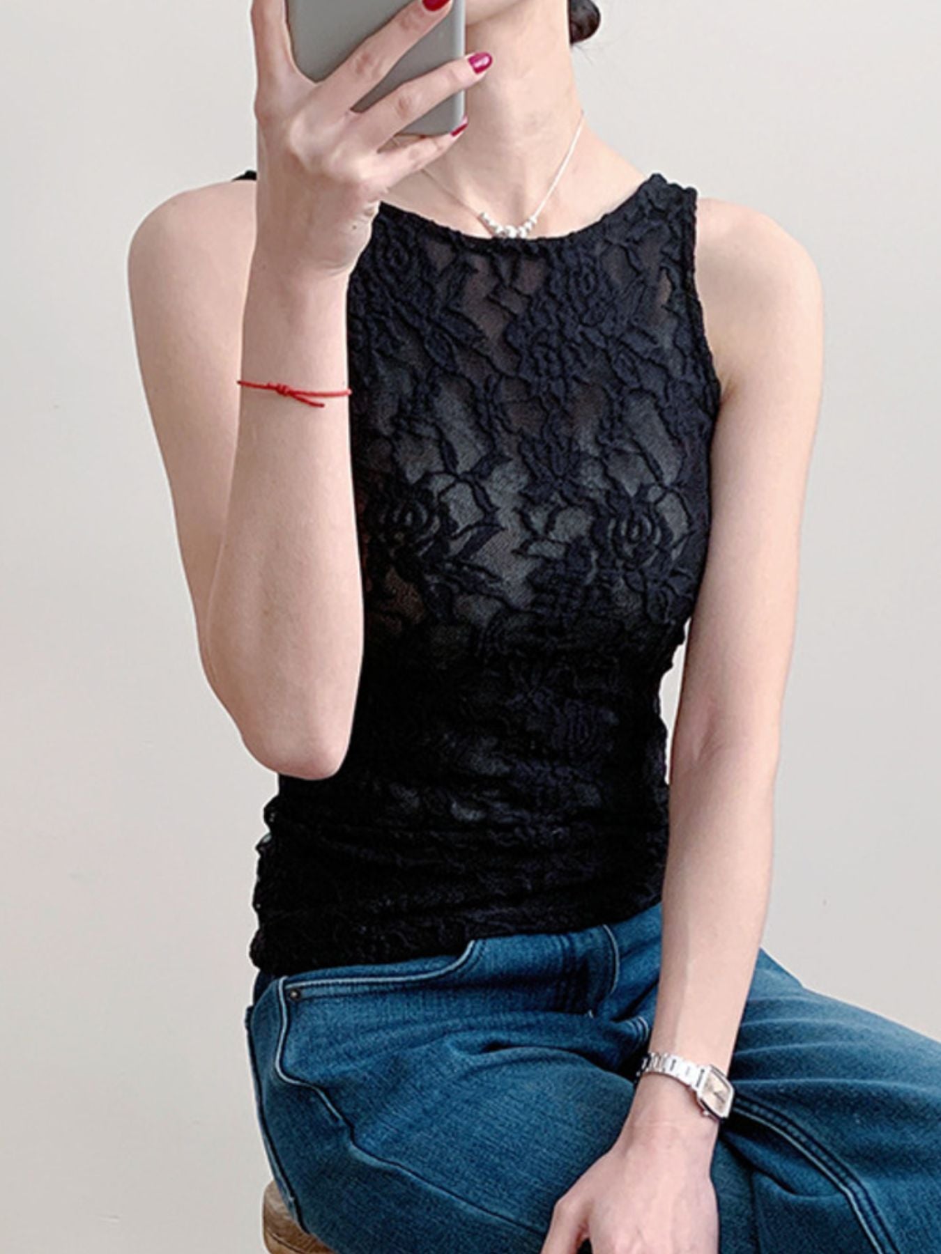 Lace Round Neck Tank - cas7m